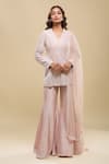 Buy_Mishru_Pink Embroidery, Lace V-neck Husna Kurta Bell Pant Set _at_Aza_Fashions