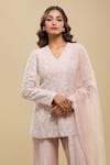 Buy_Mishru_Pink Embroidery, Lace V-neck Husna Kurta Bell Pant Set _Online_at_Aza_Fashions