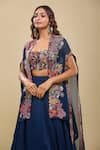 Mishru_Blue Embroidery Sweetheart , Open Navy Pleated Cape Skirt Set _Online_at_Aza_Fashions