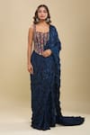 Mishru_Blue Embroidery, Beads Sweetheart Neck Floral Corset And Pre-draped Saree _Online_at_Aza_Fashions