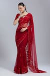 Mishru_Red Embroidery, Sequins Square , Notched Geometric Saree With Blouse _Online_at_Aza_Fashions