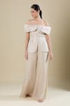 Shop_Mishru_Beige Embroidery Off-shoulder Champagne Top And Flared Pant Set _Online_at_Aza_Fashions