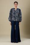 Mishru_Blue Embroidery V-neck Navy Top And Bell Bottom Pant _Online_at_Aza_Fashions