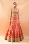 Gopi Vaid_Orange Tussar, Organza Embroidery, Sequins, Zari, Tassels V-neck Lehenga Set _at_Aza_Fashions