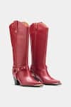 Buy_Oroh_Maroon Buckles, Studs Olivia Genuine Leather Long Boots _at_Aza_Fashions