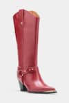 Oroh_Maroon Buckles, Studs Olivia Genuine Leather Long Boots _Online_at_Aza_Fashions