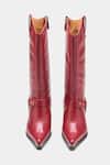 Shop_Oroh_Maroon Buckles, Studs Olivia Genuine Leather Long Boots _Online_at_Aza_Fashions