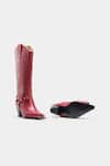 Oroh_Maroon Buckles, Studs Olivia Genuine Leather Long Boots 