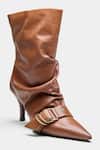 Oroh_Tan Buckles, Studs Itziar Ruched Pointed Toe Ankle Boots With _Online_at_Aza_Fashions