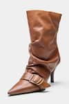 Buy_Oroh_Tan Buckles, Studs Itziar Ruched Pointed Toe Ankle Boots With 