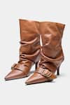 Buy_Oroh_Tan Buckles, Studs Itziar Ruched Pointed Toe Ankle Boots With _Online