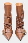 Shop_Oroh_Tan Buckles, Studs Itziar Ruched Pointed Toe Ankle Boots With _Online