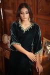 Buy_Negra Elegante_Green Velvet Embroidered Zardozi V Neck Straight Kaftan And Palazzo Set  _Online_at_Aza_Fashions