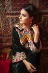 Negra Elegante_Green Silk Velvet Embroidered Zardozi Notched Round Hand Phiran Set  _Online_at_Aza_Fashions