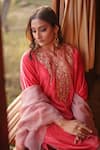 Negra Elegante_Red Velvet Embroidered Pearl Notched Round Neck Phiran Set  _Online_at_Aza_Fashions