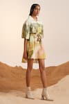 Cord_Beige Cotton Printed Dale Spread Collar Belted Short Dress _Online_at_Aza_Fashions