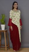Aariyana Couture_Cream Georgette, Modal Beads, Sequins Round Neck Printed Draped Tunic_Online