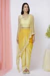 Aariyana Couture_Yellow Modal, Satin Pearls Asymmetric Embroidered Cape Dhoti Pant Set_Online_at_Aza_Fashions
