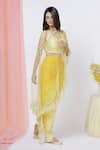 Aariyana Couture_Yellow Modal, Satin Pearls Asymmetric Embroidered Cape Dhoti Pant Set_at_Aza_Fashions