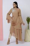 Buy_Aariyana Couture_Brown Beads High Neck Embroidered Draped Kurta_at_Aza_Fashions