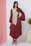 Buy_Aariyana Couture_Maroon Bamboo, Modal Sequins, Embroidery V-neck Overlap Asymmetric Dress _at_Aza_Fashions