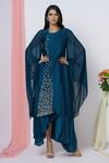 Shop_Aariyana Couture_Blue Georgette, Tussar Embroidery Round Neck Draped Tunic_Online_at_Aza_Fashions