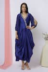 Buy_Aariyana Couture_Blue Modal, Satin Embroidery V-neck Draped Tunic_at_Aza_Fashions