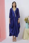Buy_Aariyana Couture_Blue Modal, Satin Embroidery V-neck Draped Tunic_Online_at_Aza_Fashions