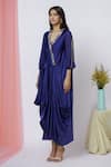 Aariyana Couture_Blue Modal, Satin Embroidery V-neck Draped Tunic_at_Aza_Fashions