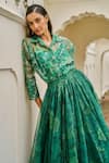 Buy Dash And Dot Emerald Green Viscose, Brocade, Silk Collared Printed Organza Maxi Skirt Set Buy_Dash And Dot_Emerald Green Viscose, Brocade, Silk Collared Printed Organza Maxi Skirt Set