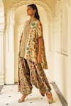 Dash And Dot_Beige Bemberg Embroidery, Metallic Thread Mandarin Collar Garden Print Tunic _Online_at_Aza_Fashions