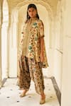 Buy_Dash And Dot_Beige Bemberg Embroidery, Metallic Thread Mandarin Collar Garden Print Tunic _Online_at_Aza_Fashions