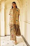 Dash And Dot_Beige Bemberg Embroidery, Metallic Thread Mandarin Collar Garden Print Tunic _at_Aza_Fashions