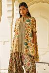 Shop_Dash And Dot_Beige Bemberg Embroidery, Metallic Thread Mandarin Collar Garden Print Tunic _at_Aza_Fashions