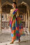 Dash And Dot_Gold Cotton, Polyester, Lurex Mandarin Multicolour Check Sari Drape Skirt Set _Online_at_Aza_Fashions