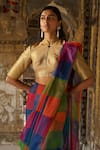 Shop_Dash And Dot_Gold Cotton, Polyester, Lurex Mandarin Multicolour Check Sari Drape Skirt Set _Online_at_Aza_Fashions