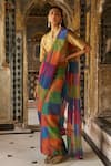 Buy_Dash And Dot_Gold Cotton, Polyester, Lurex Mandarin Multicolour Check Sari Drape Skirt Set _at_Aza_Fashions