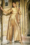 Dash And Dot_Gold Mandarin Collar Banaras Brocade Pant Set _at_Aza_Fashions