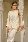 Dash And Dot_Beige Viscose, Linen Embroidery Mandarin Collar Motif Pant Set With Shawl _at_Aza_Fashions