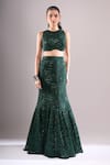 Shop_Samyukta Singhania_Emerald Green Net, Lycra Sequins, Embroidery Round Neck Wavy Hand Lehenga Set _Online_at_Aza_Fashions