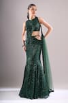 Buy_Samyukta Singhania_Emerald Green Net, Lycra Sequins, Embroidery Round Neck Wavy Hand Lehenga Set _at_Aza_Fashions