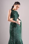 Buy_Samyukta Singhania_Emerald Green Net, Lycra Sequins, Embroidery Round Neck Wavy Hand Lehenga Set 