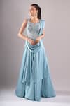 Buy_Samyukta Singhania_Sky Blue Satin Beads, Embroidery, Stones Hand Draped Lehenga And Blouse Set _at_Aza_Fashions