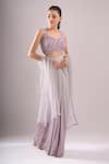 Samyukta Singhania_Purple Net Embroidery Sweetheart Neck Hand Blouse And Shaded Draped Skirt Set _Online_at_Aza_Fashions