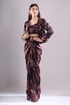 Buy_Samyukta Singhania_Wine Satin, Organza Embroidery Sweetheart Printed Jacket And Draped Skirt Set _at_Aza_Fashions