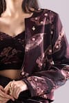 Buy_Samyukta Singhania_Wine Satin, Organza Embroidery Sweetheart Printed Jacket And Draped Skirt Set 