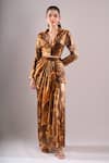 Buy_Samyukta Singhania_Brown Satin, Organza Embroidery, Beads Hand Print Blazer And Draped Skirt Set _at_Aza_Fashions