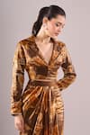 Samyukta Singhania_Brown Satin, Organza Embroidery, Beads Hand Print Blazer And Draped Skirt Set _at_Aza_Fashions