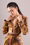 Buy_Samyukta Singhania_Brown Satin, Organza Embroidery, Beads Hand Print Blazer And Draped Skirt Set 