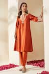 Buy_Mushio_Orange Chanderi Embroidery Keyhole Neck Svara Kurta _at_Aza_Fashions